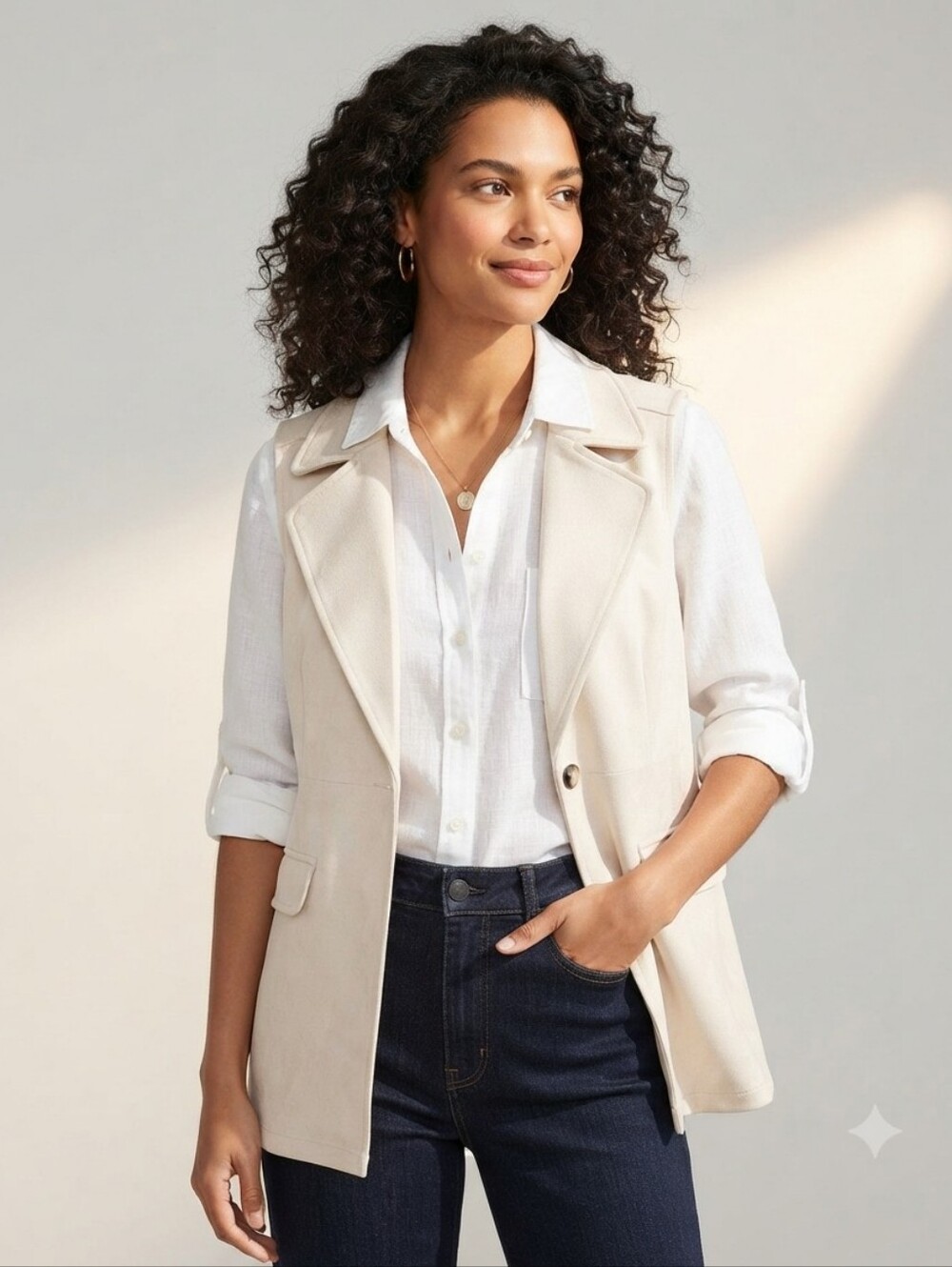 Cavalini Sleeveless Single-Button Vest in Light Beige